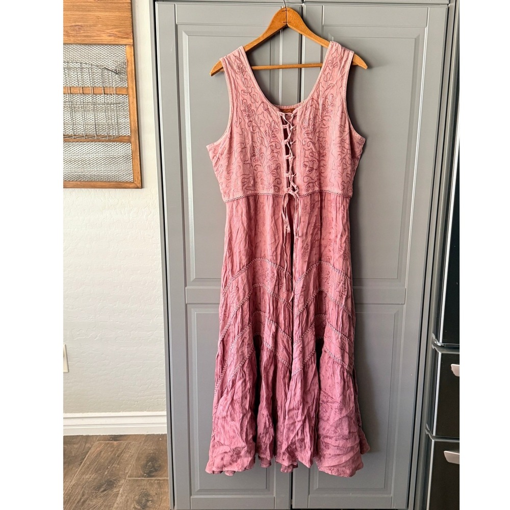 Scully Womens Western Boho Embroidered Lace Up Maxi Dress, Pink, L